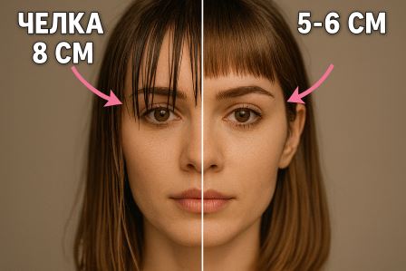 Чёлка до и после: база на мокрых (+1см), финал на сухих. Усадка 1-3 см — главный секрет симметрии! 